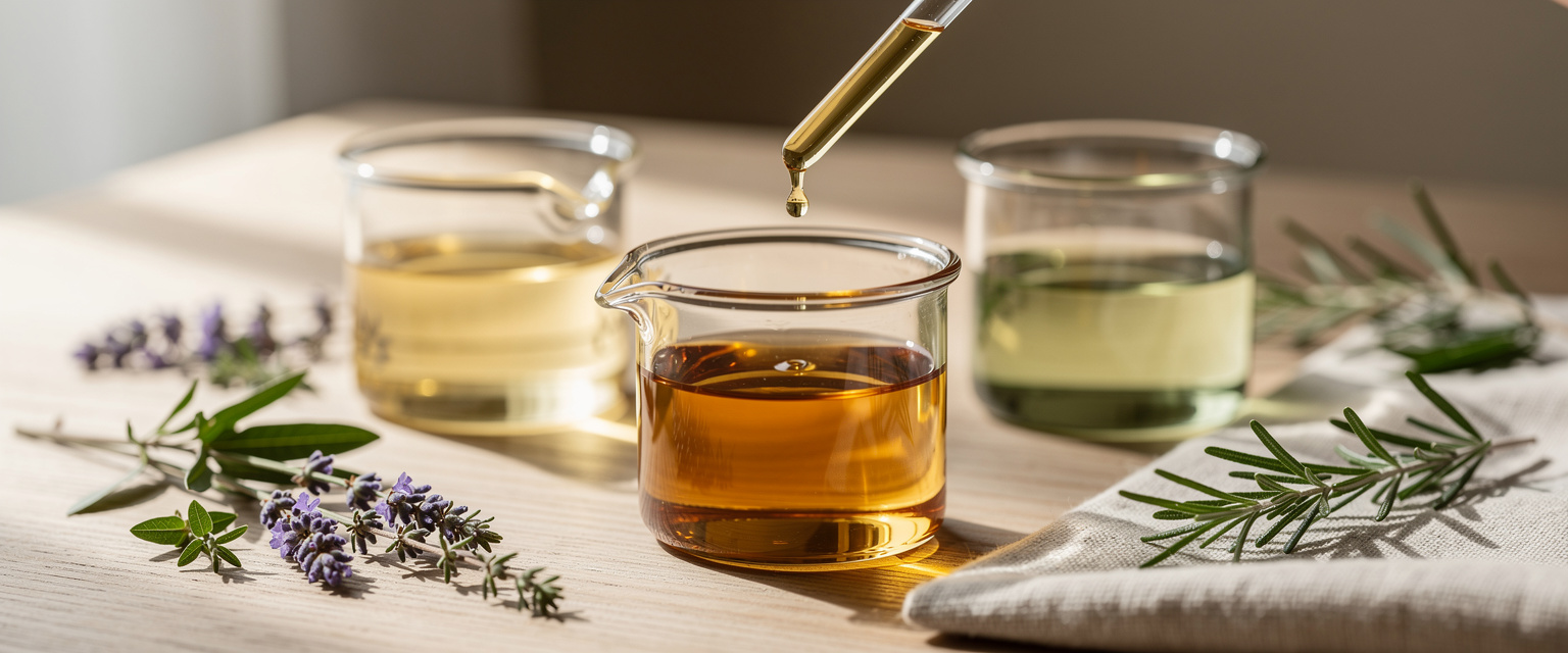 Synergy oil bottle with botanical ingredients
