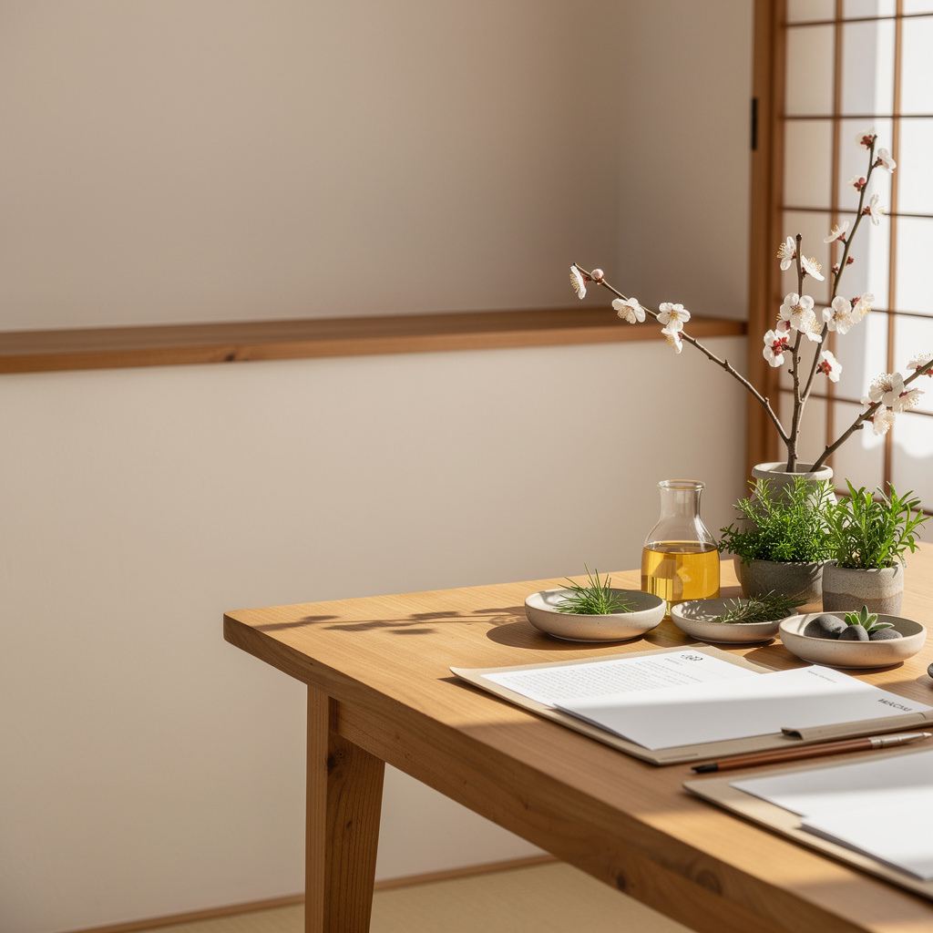 Botanical products and plants on a small-batch workspace