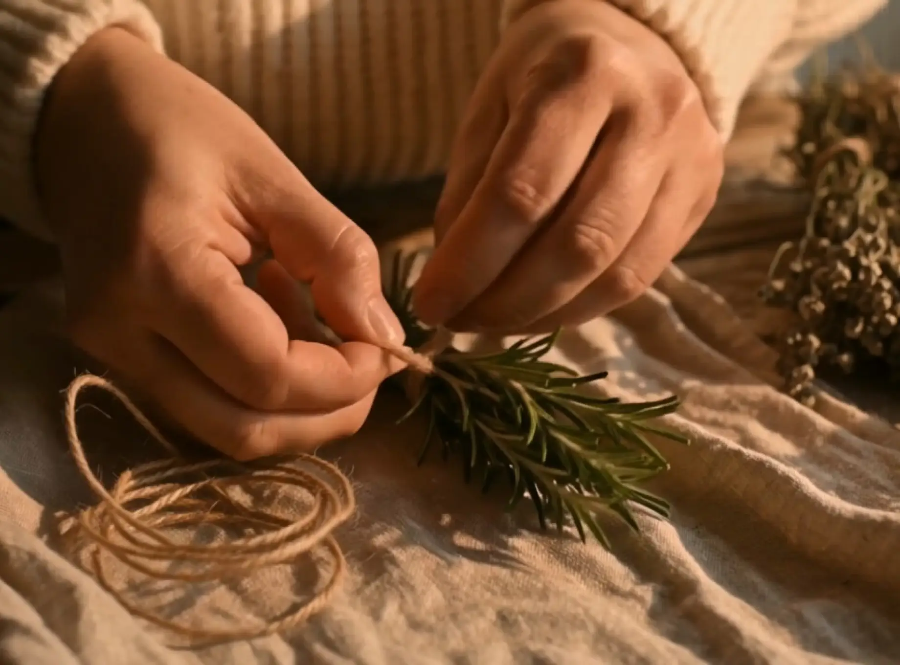 Hands preparing botanicals in a greenhouse